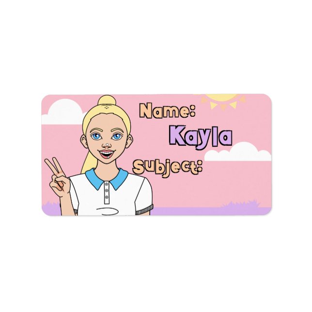 Blonde Pink Cartoon Girl School Student Book Label (Front)