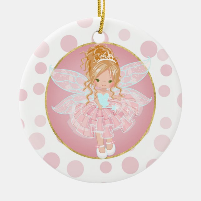 Blonde Pink Fairy Ceramic Ornament (Front)