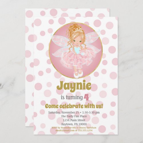 Blonde Pink Fairy Girls Birthday Invitation
