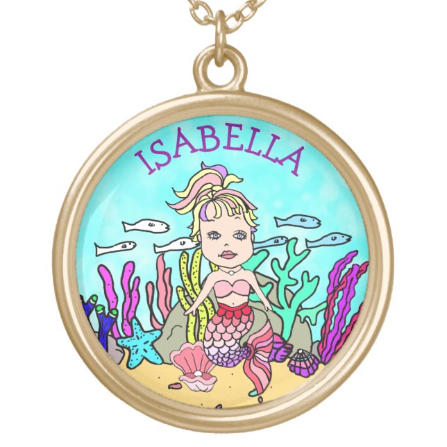 Blonde Pink Mermaid Ocean Scene Girl's Gold Plated Necklace (Front)
