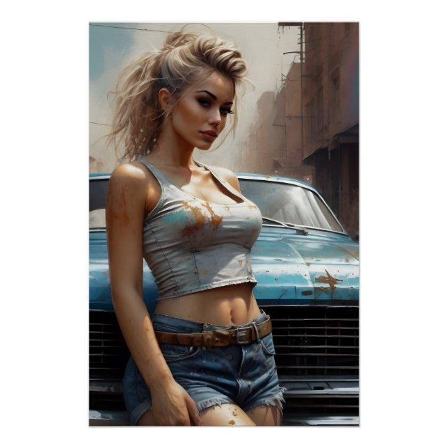 Blonde Pinup artwork classic car Poster (Front)