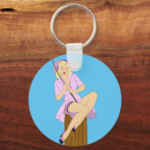 Blonde Pinup Girl Fishing Cartoon Original Art Keychain