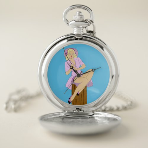 Blonde Pinup Girl Fishing Cartoon Original Art Pocket Watch