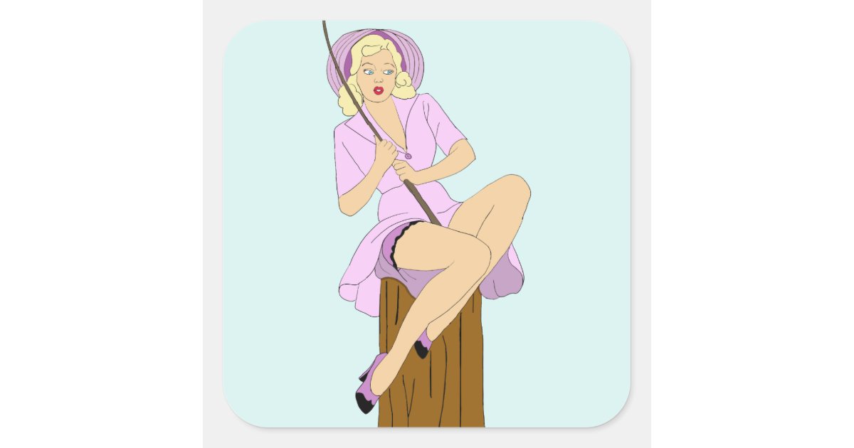 Blonde Pinup Girl Fishing Cartoon Original Art Square Sticker