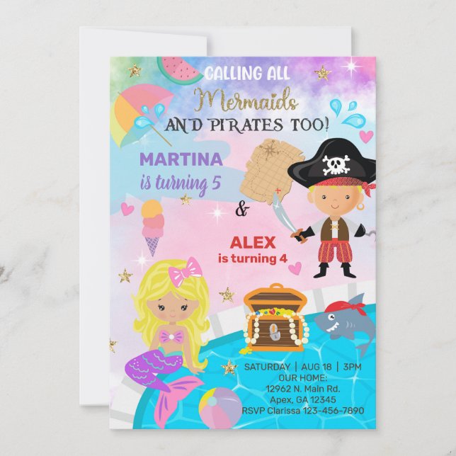 Blonde Pirate & Mermaid siblings birthday invite. Invitation (Front)