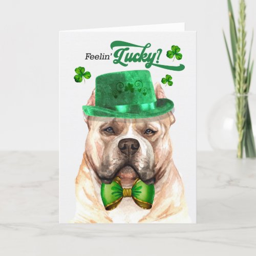 Blonde Pitbull Dog Feelin Lucky St Patricks Day Holiday Card