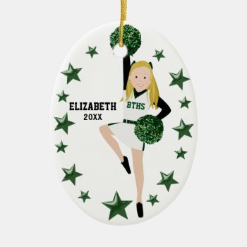 Blonde Pom Squad Green And White Ceramic Ornament by NightOwlsMenagerie at Zazzle