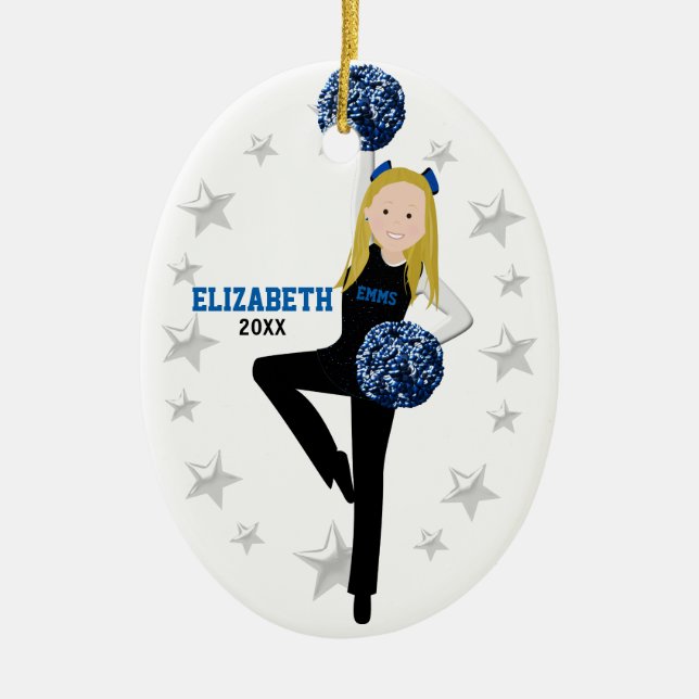 Blonde Pom Squad in Black, Blue & White Ceramic Ornament (Front)
