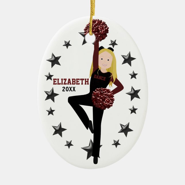 Blonde Pom Squad in Black & Maroon Ceramic Ornament (Front)
