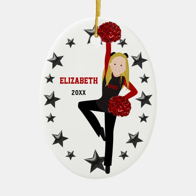 Blonde Pom Squad in Black & Red Ceramic Ornament (Front)