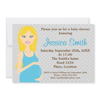 Blonde Pregnant Woman In Blue Dress Baby Shower Invitation