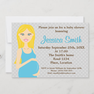 Blonde Pregnant Woman In Blue Dress Baby Shower Invitation