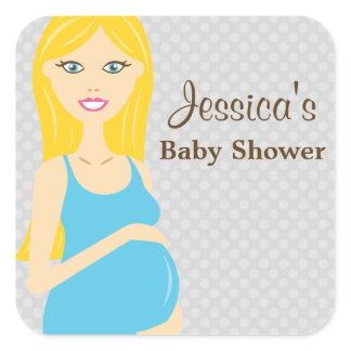 Blonde Pregnant Woman In Blue Dress Baby Shower Square Sticker