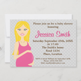 Blonde Pregnant Woman In Pink Dress Baby Shower Invitation