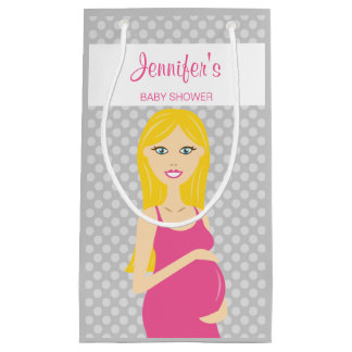 Blonde Pregnant Woman In Pink Dress Baby Shower Small Gift Bag