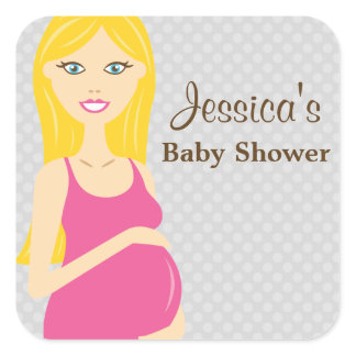 Blonde Pregnant Woman In Pink Dress Baby Shower Square Sticker