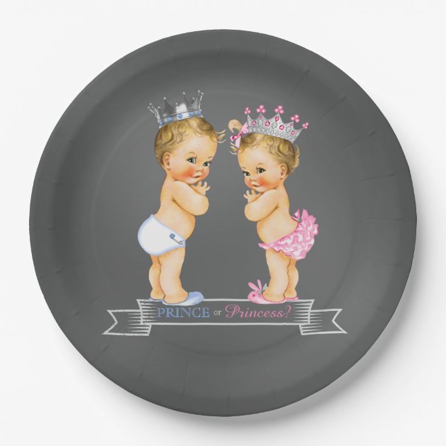 Blonde Prince and Princess Chalkboard Baby Shower Paper Plates (Front)