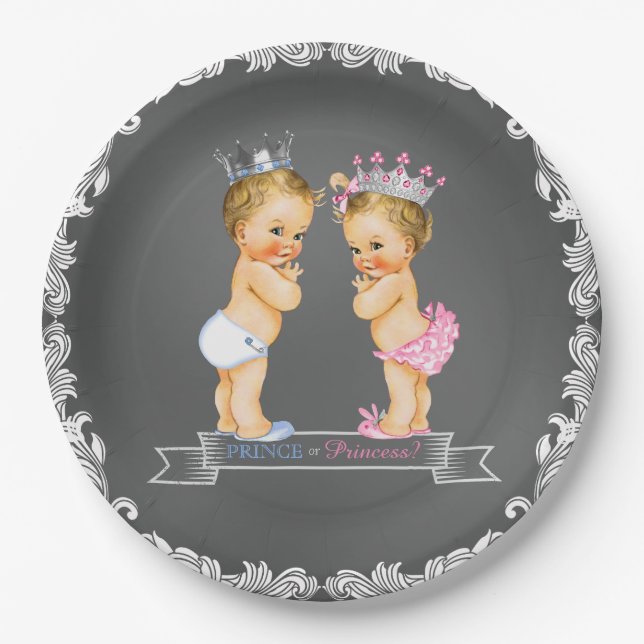 Blonde Prince and Princess Chalkboard Baby Shower Paper Plates (Front)