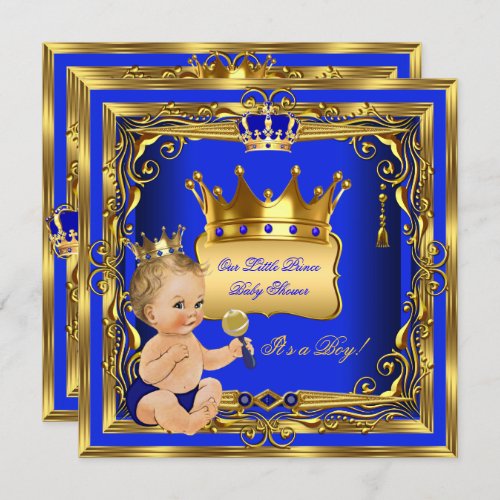 Blonde Prince Baby Shower Boy Blue Gold Invitation