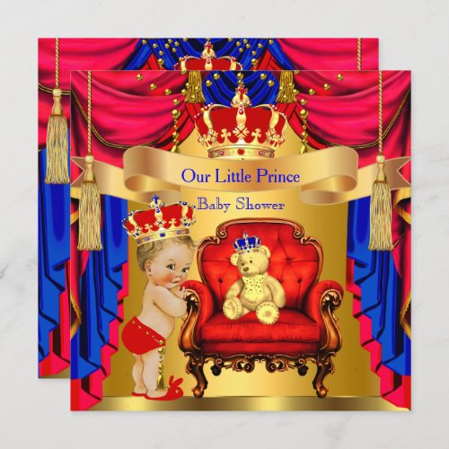 Blonde Prince Baby Shower Gold Bear Red Blue Invitation