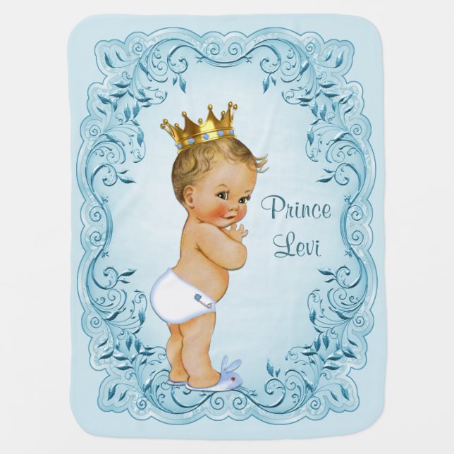 Blonde Prince Blue Leaves Personalized Swaddle Blanket (Front)