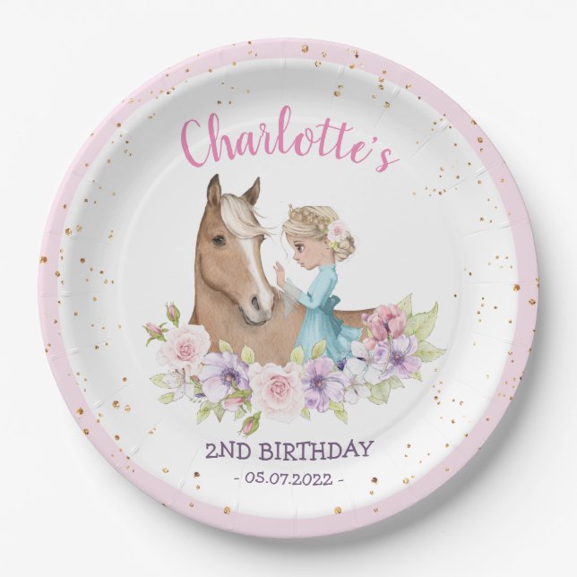 Blonde Princess and Brown Horse Birthday  Paper Plates (Front)