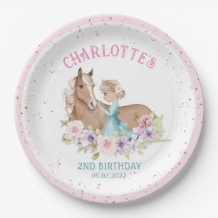 Blonde Princess and Brown Horse Birthday Paper Plates