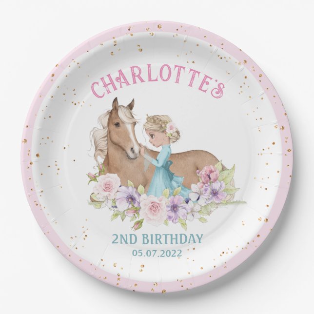 Blonde Princess and Brown Horse Birthday Paper Plates (Front)