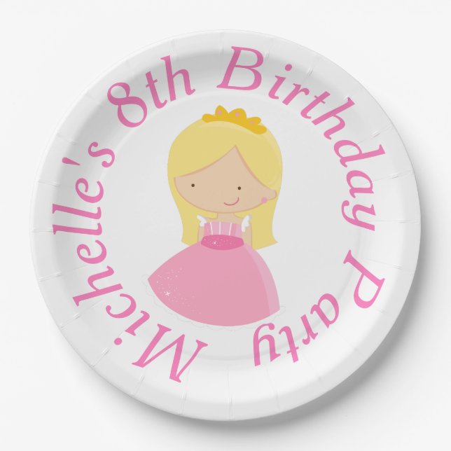 Blonde Princess and Dragon Birthday Party Paper Plates (Front)