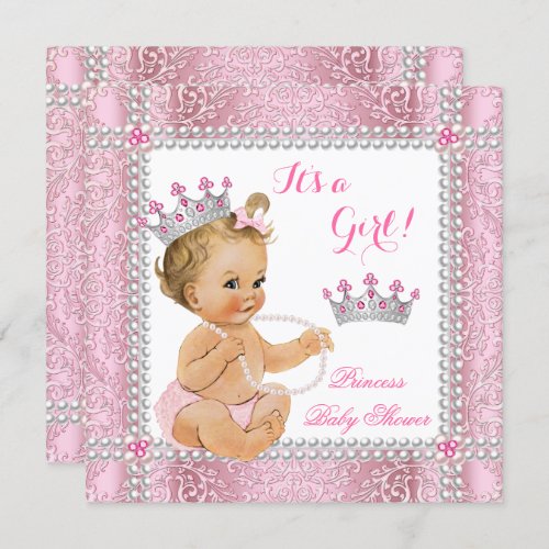 Blonde Princess Baby Shower Girl Pink Pearl Lace Invitation
