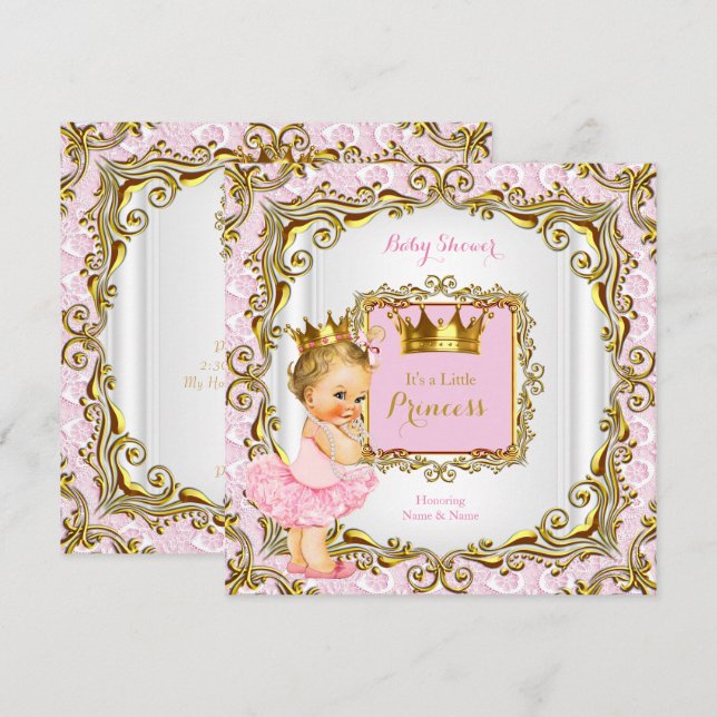 Blonde Princess Baby Shower Pink Lace White Gold Invitation (Front/Back)