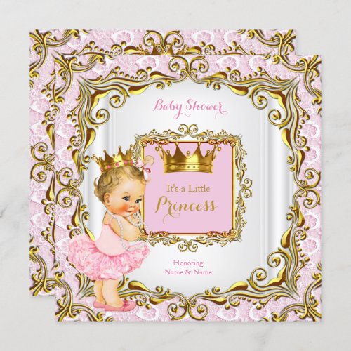 Blonde Princess Baby Shower Pink Lace White Gold Invitation