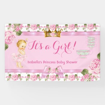 Blonde Princess Baby Shower Pink Roses Tea Party Banner by VintageBabyShop at Zazzle