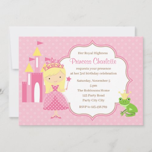 Blonde Princess Birthday Invitation Pink Polka Dot