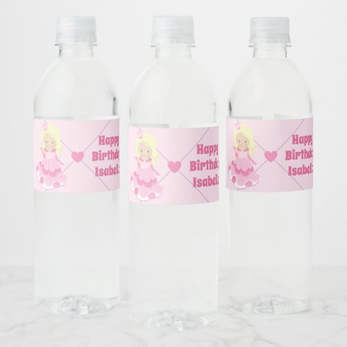Blonde Princess Cute Custom Pink Birthday Party Water Bottle Label
