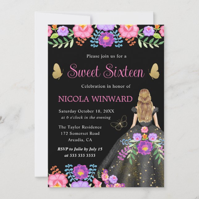Blonde Princess Mexican Floral Dress Sweet 16 Invitation (Front)