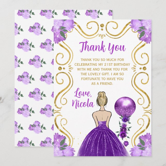 Blonde Princess Purple Happy Birthday Thank You Card (Front/Back)