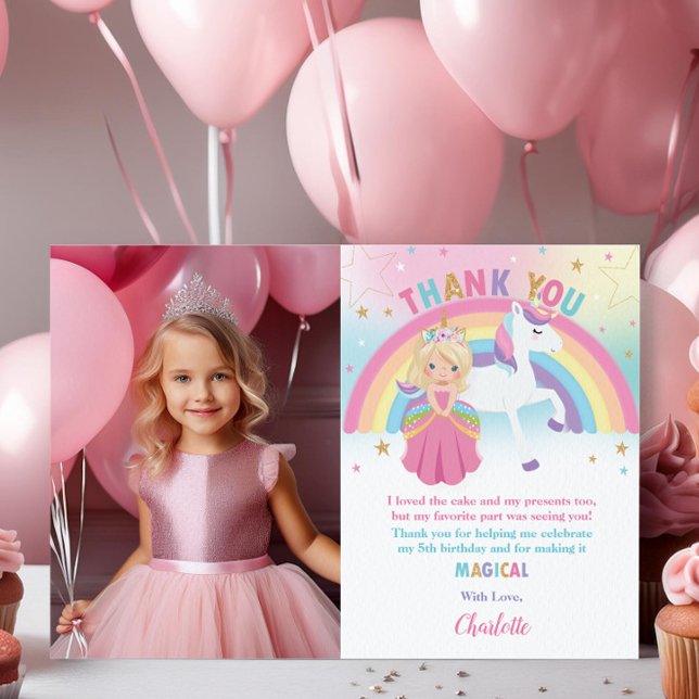 Blonde Princess Rainbow Unicorn Birthday Photo Thank You Card (Creator Uploaded)