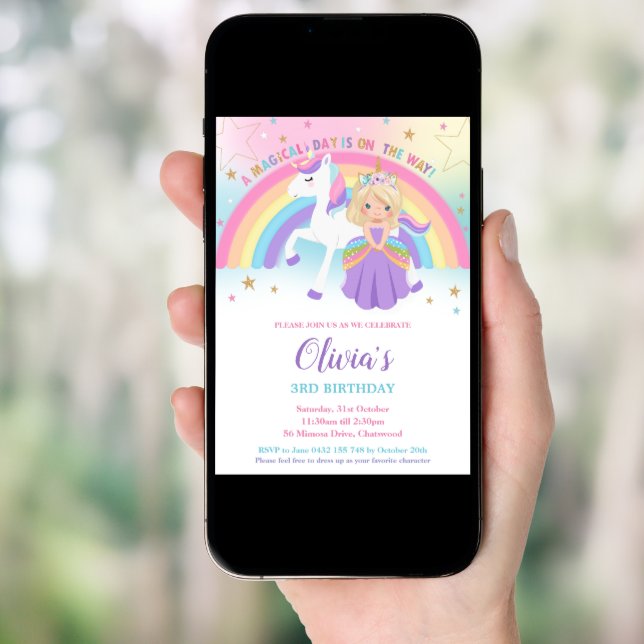 Blonde Princess Unicorn Birthday Party Rainbow  Invitation (Front Digital)