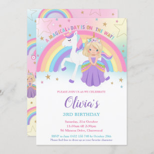 Blonde Princess Unicorn Birthday Party Rainbow  Invitation