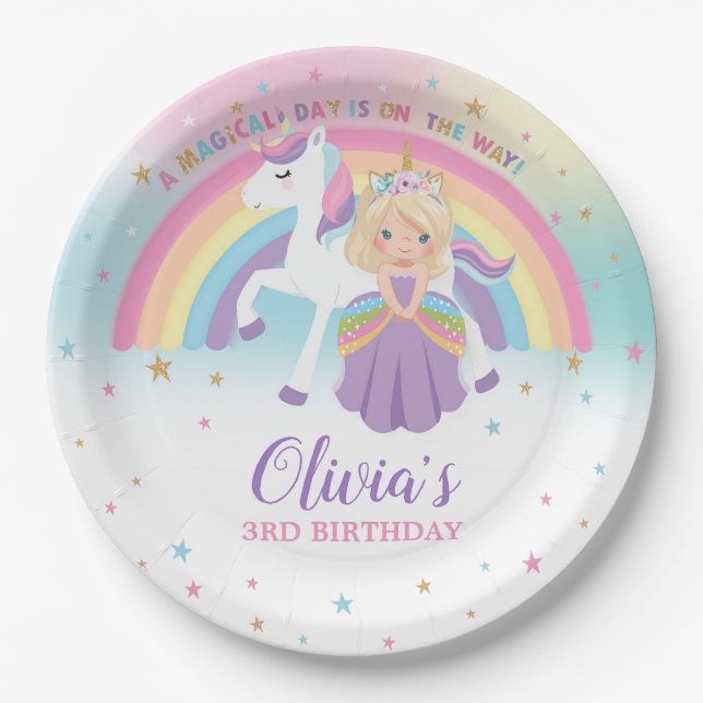 Blonde Princess & Unicorn Birthday Party Rainbow  Paper Plates (Front)