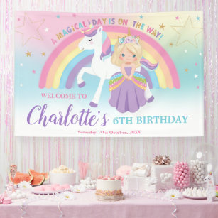 Blonde Princess Unicorn Birthday Rainbow Welcome Banner