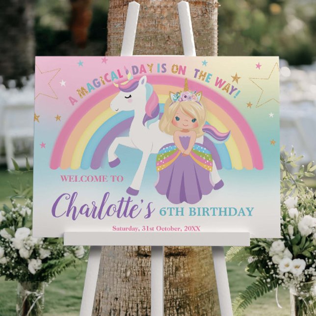 Blonde Princess Unicorn Birthday Rainbow Welcome Foam Board (Creator Uploaded)