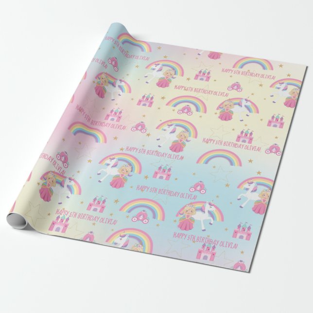 Blonde Princess Unicorn Rainbow Birthday Custom Wrapping Paper (Unrolled)