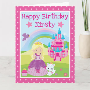 Blonde Princess with castle & rainbow birthday Card