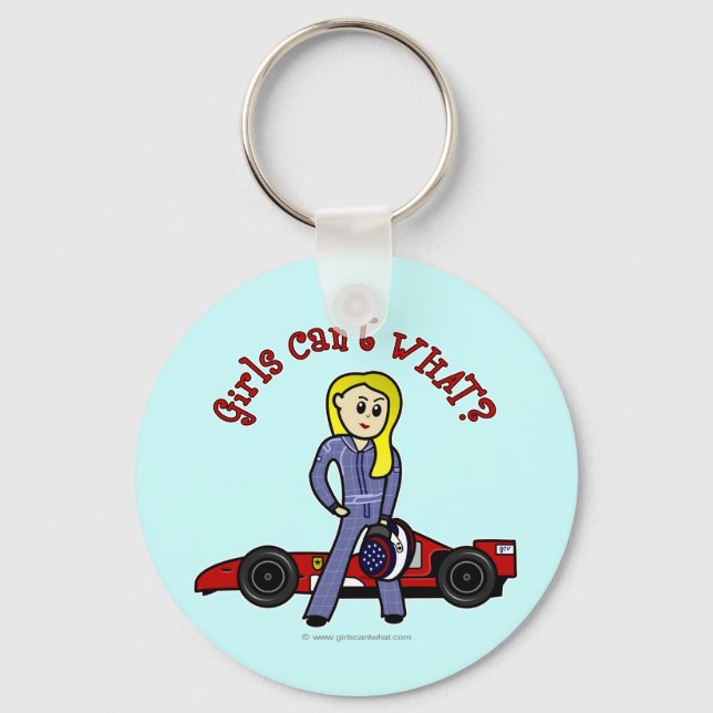 Blonde Race Car Driver Girl Keychain (Front)