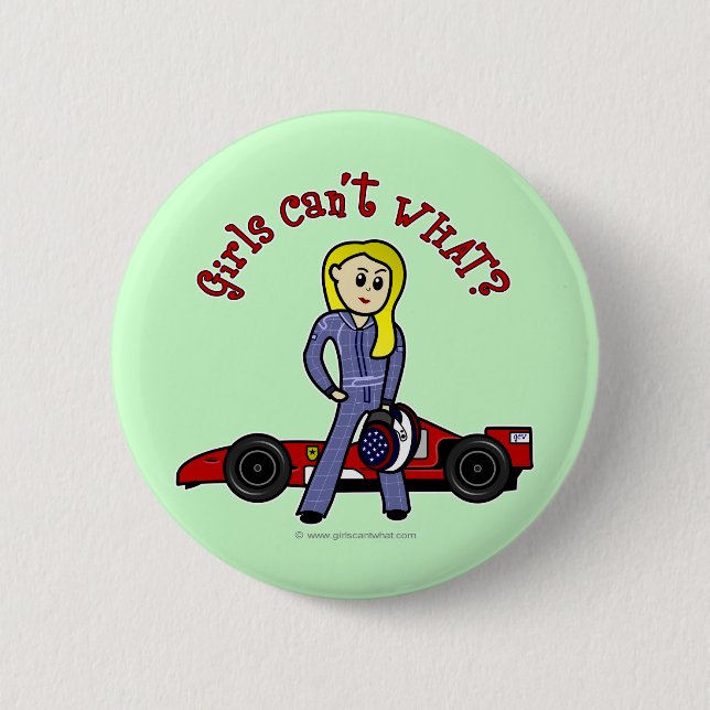 Blonde Race Car Driver Girl Pinback Button (Front)