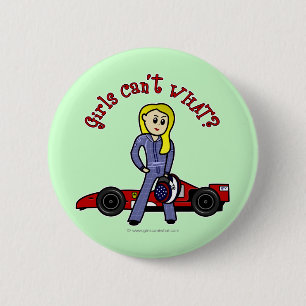 Blonde Race Car Driver Girl Pinback Button