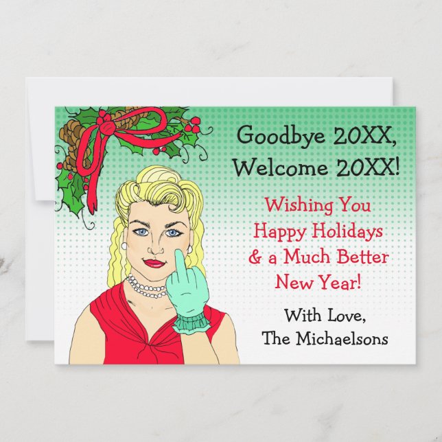 Blonde  Retro Lady Flipping the Bird Christmas Card (Front)
