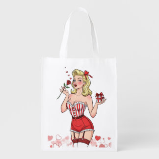 Blonde Retro Valentine Pin-Up Girl Grocery Bag